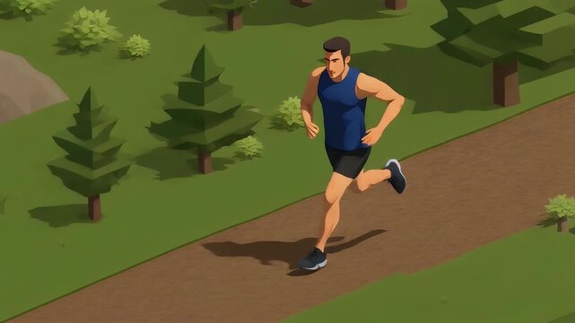 Isometric illustration of a man jogging on a dirt path through a stylized green forest setting.