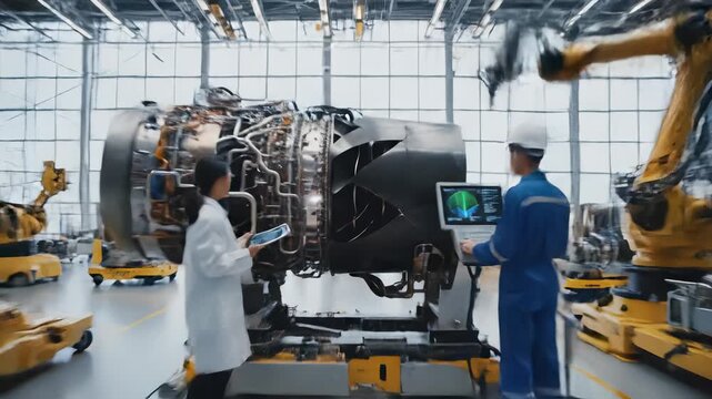 Engineers collaborate on advanced aircraft engine assembly, showcasing intricate technology and teamwork, camera pans and captures dynamic action