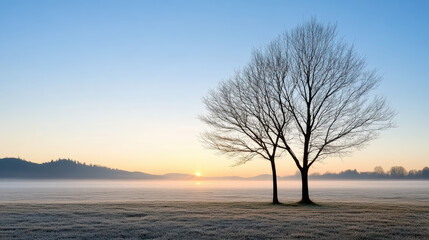 Foggy sunrise over frost field with two bare trees and distant hills, serene morning light