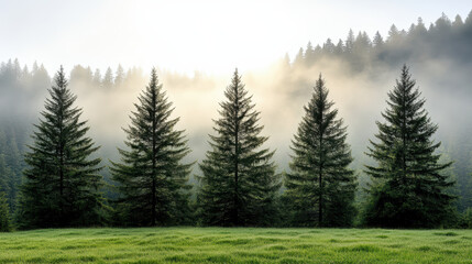 Fototapeta premium Misty fir trees sunrise meadow foggy forest calm atmosphere