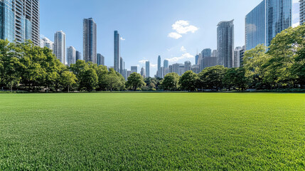 Obraz premium Green urban park field with skyline and trees under clear blue sky