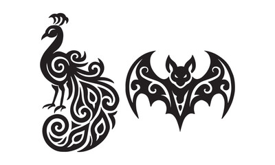 Obraz premium Abstract Tribal Style Silhouette Illustrations of a Peacock and a Bat, showcasing intricate swirling patterns and ornamental designs, perfect for artistic projects