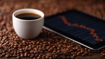 A cozy setup featuring a cup of coffee beside a tablet displaying financial graphs, with coffee beans scattered on a wooden surface.
