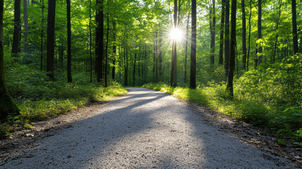 Fototapeta premium Soft forest path morning light sunburst