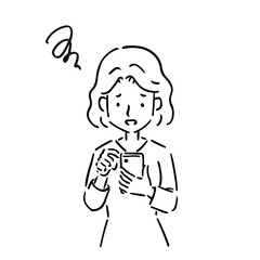 線画・困り顔でスマホを操作している若い女性