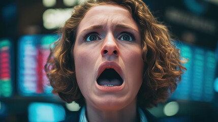 A shocked woman with curly hair displays intense emotions against a backdrop of financial data, capturing a moment of crisis or surprise.