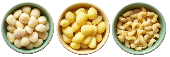 Three bowls display various pasta shapes gnocchi, gnocchi, and cavatappi, presented with bright lighting