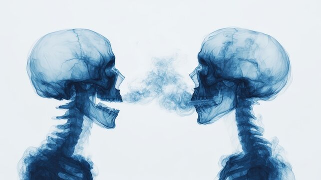 Two translucent blue skeletons face each other, seemingly conversing as smoke billows between them, creating an ethereal, artistic effect.