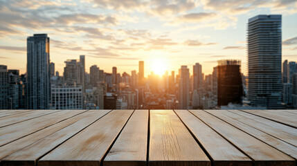Sunset wooden rooftop deck over city skyline, warm glowing sky