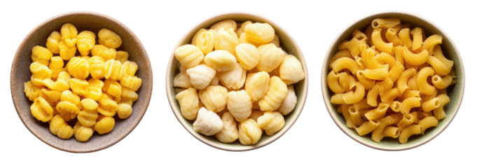 Three bowls of pasta in different shapes, shells, gnocchi, and elbow, against a black background