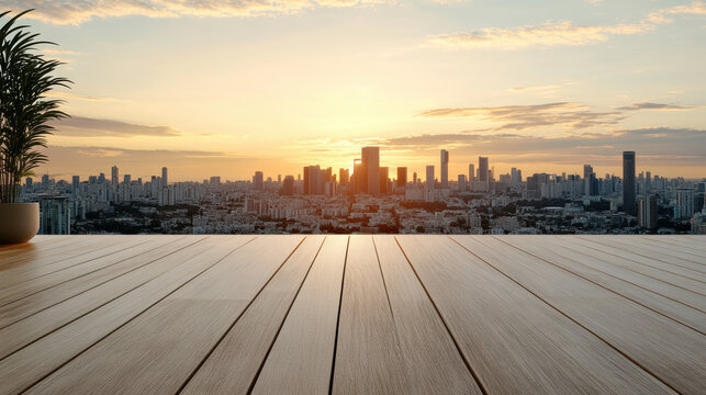 Rooftop wooden terrace sunset city skyline natural light warm atmosphere