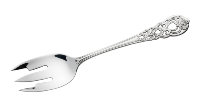 Ornate silver serving fork isolated PNG on transparent background, vintage style kitchen utensil for food preparation and elegant dining - Powered by Adobe