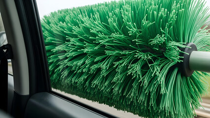 Green car wash brush against car window close up