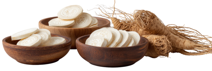 Sliced white root vegetables and dried root bundles arranged in wooden bowls