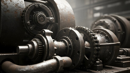 Close up of vintage industrial machinery with gears and chains in a workshop