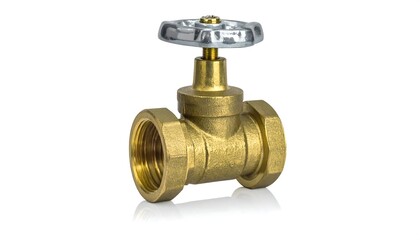 Close-up of a brass valve with a silver-colored handle. Isolated on a white background, highlighting its metallic components