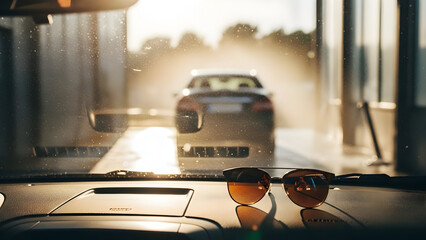 Car wash experience interior view of vehicle going through automated wash