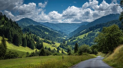 Obraz premium A road runs through a lush green valley with a clear blue sky above. The mountains in the background add to the serene and peaceful atmosphere of the scene