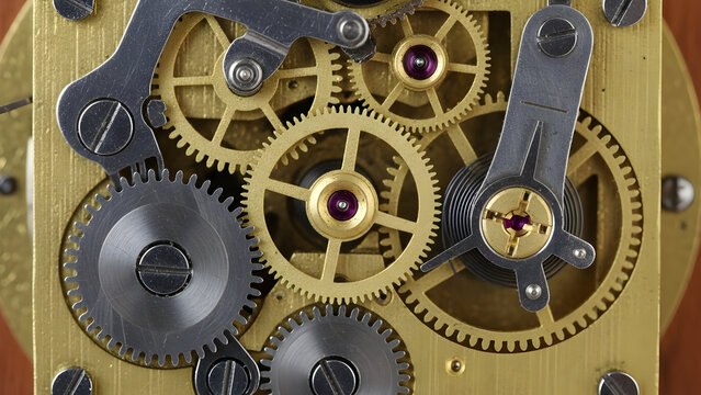 Close up of intricate clockwork gears and mechanisms in a vintage timepiece