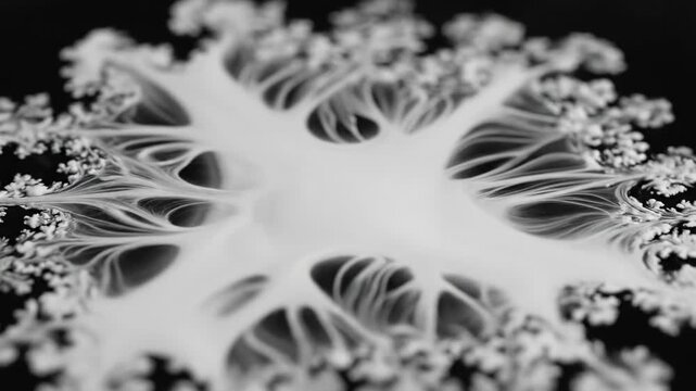 Black and white floral pattern featuring a delicate white flower on a dark textured background