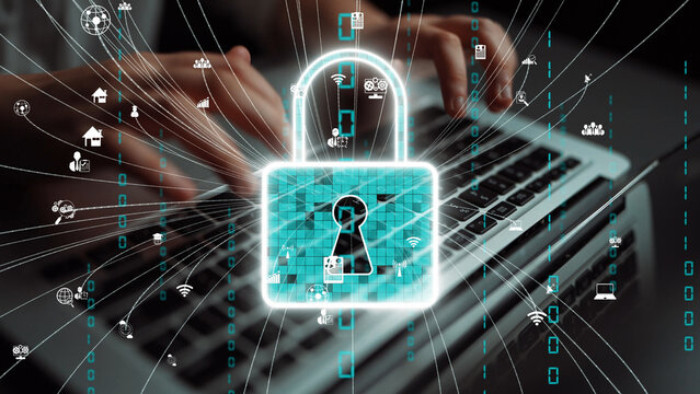 Conceptual image depicting a digital security theme with a padlock symbol prominently featured over a laptop, highlighting the importance of protecting online data and privacy. Xenic - Powered by Adobe