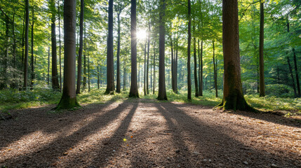 Obraz premium Sunlit forest clearing with long tree shadows and soft green foliage