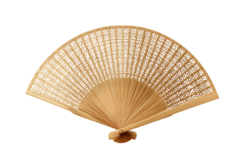 Open, wooden hand fan, ivory-colored, with small, symmetrical holes against a black backdrop