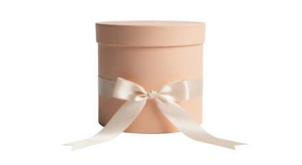 Peach round gift box with ribbon isolated PNG, elegant present for birthdays and special occasions on transparent background