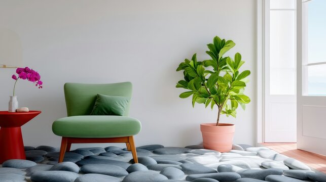 An interior shot features a green armchair with a pillow, a red side table with a vase of flowers, and a potted plant. The room has a bright, airy feel with a s - Powered by Adobe