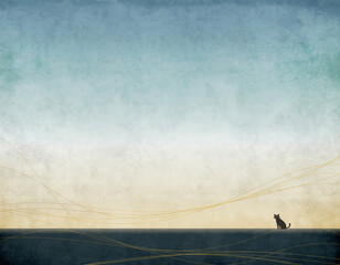 Minimal seashore gradient landscape with tiny cat silhouette on beach