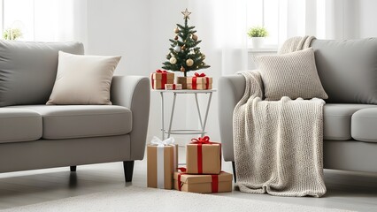 Fototapeta premium Cozy living room interior, festively adorned with a twinkling Christmas tree, sparkling lights, and wrapped presents. An inviting holiday scene for family joy