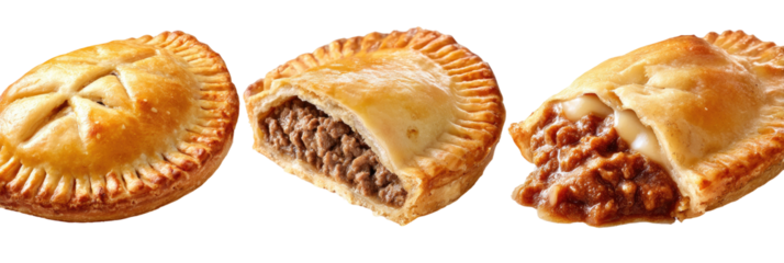 Three golden-brown hand pies, one whole, one cut to reveal filling, one open