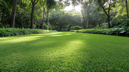 Lush green lawn pathway in peaceful sunlit urban park with trees and shade