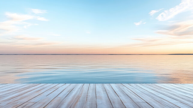 Calm pastel lake horizon wooden dock reflection serene sunrise