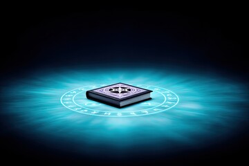 A closed book with an ornate cover rests on a glowing circle, surrounded by a dark background with blue light.