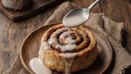 Delicious Cinnamon Roll Being Drizzled with Creamy Icing. - Powered by Adobe