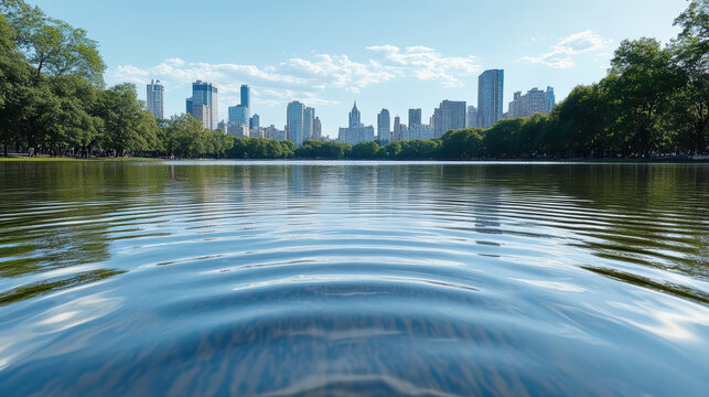 Central park lake skyline reflection serene ripples midday