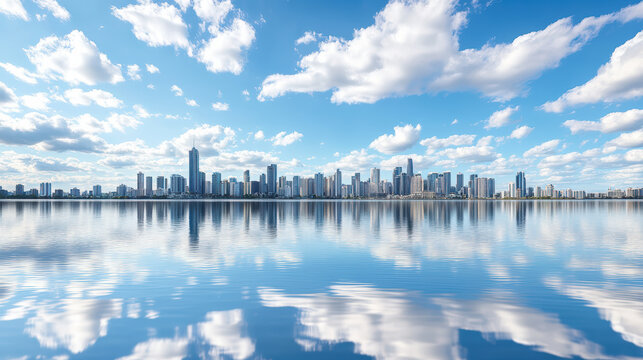Cloudy skyline reflection over calm water with modern highrise buildings - Powered by Adobe