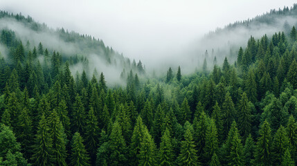 Fototapeta premium Soft rolling fog covering forest hills dreamy muted green valley