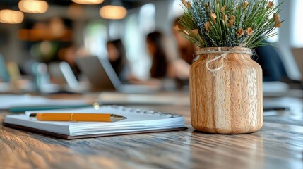 Close-up of a notebook, pen, and decorative vase on a wooden table in a cafe, with blurred background and warm lighting.