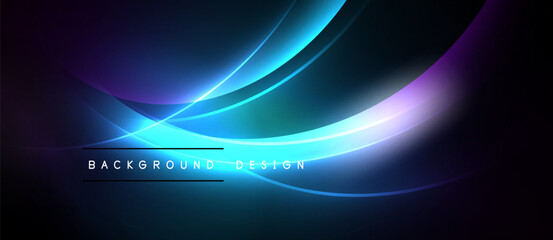 Abstract dark background features flowing blue, purple light curves. Text reads background design below central glow. Minimalist, modern aesthetic.