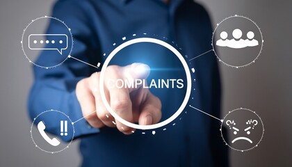 Concept of complaints. Customer complaint, dissatisfaction from product or service problem, angry feedback from client. Business person using virtual touch screen presses the word COMPLAINTS ,manager