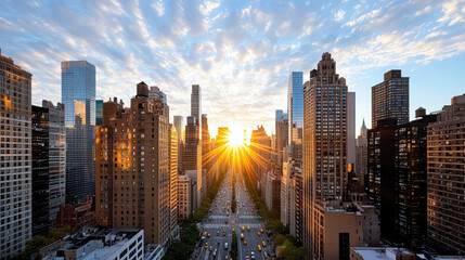 Sunrise boulevard sunburst over city avenue with golden light