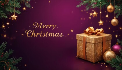 Christmas background with gold gift and ornaments, central purple space reserved for text.