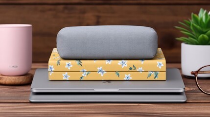 A still life image featuring a laptop, books, and other objects on a wooden desk indoors. The lighting is soft and natural.