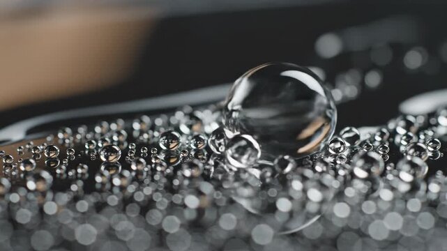 Extreme macro slow motion of fresh water droplets condensing and accumulating on a perfectly smooth dark hydrophobic surface with subtle light reflections studio shot, macro slow motion, beauty