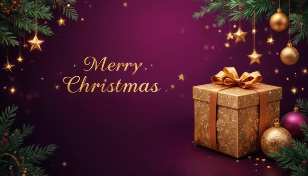 Christmas background with gold gift and ornaments, central purple space reserved for text.