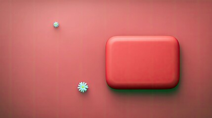 A red rectangle and several small flowers are arranged on a pink background. The image is shot from a top-down perspective.
