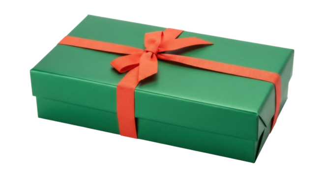 Green gift box with orange ribbon isolated PNG, present for Christmas, birthday or other holiday celebration on transparent background