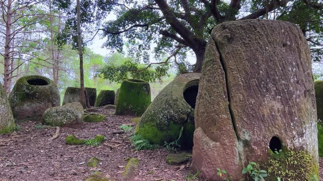 Valley of the Jars, Laos. Phongsavan. Valley of the Jars. The megalithic archaeological landscape consists of thousands of stone jars scattered across the Xiangkhouang Plateau. 4К	